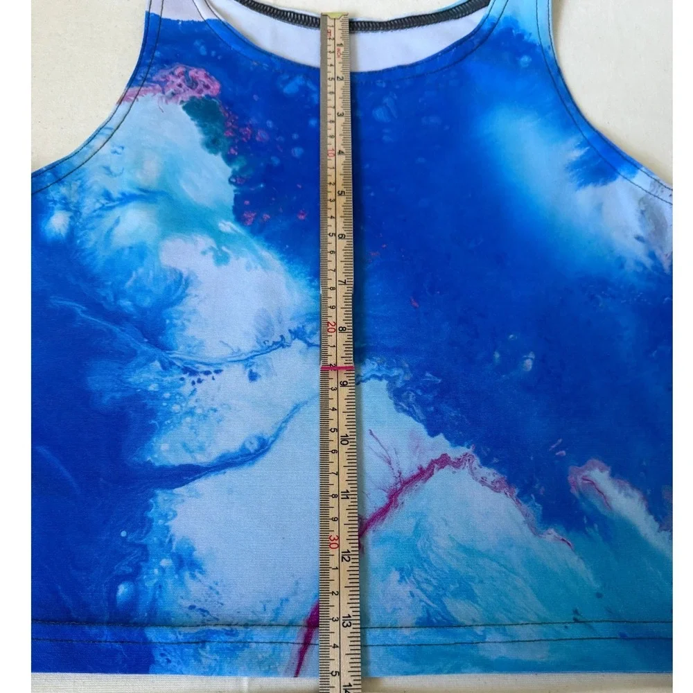 By Rachel Pierce Blue Fluid Art Activewear Set Crop Top Leggings Large